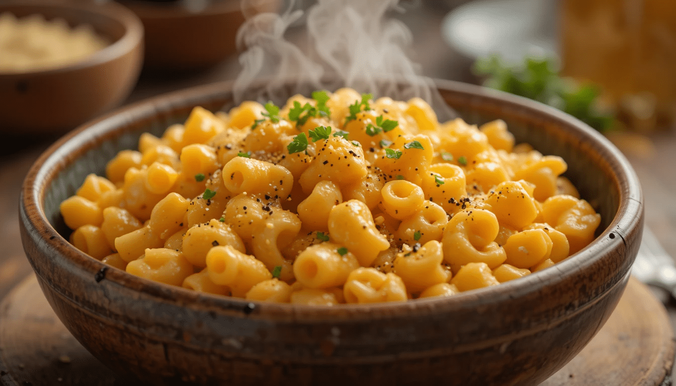 "A close-up, appetizing photograph of creamy vegan mac and cheese in a rustic ceramic bowl. The golden-orange cheese sauce generously coats elbow macaroni pasta, with a slight steam rising from the dish. Garnished with fresh cracked black pepper, chopped parsley, and nutritional yeast flakes sprinkled on top. Warm, inviting lighting with soft focus background showing a wooden table setting. The pasta looks silky, creamy, and indulgent. Professional food photography style, shallow depth of field, natural daylight, cozy and comforting mood."